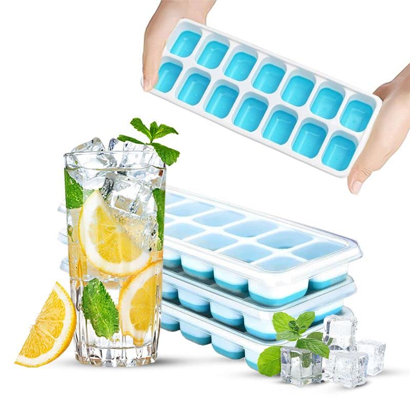 4 Pack Silicone stackable Ice Cube Trays, Reusable Flexible Silicone Ice Cube Trays with Spill-Resistant Removable Lids, Easy Release Ice Maker Tray - Easy to Use & Dishwasher Safe (Blue)