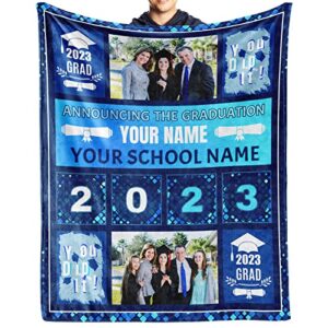 personalized 2023 graduation blanket gifts with photos name, 50"x60" flannel fleece throw blanket soft, lightweight, comfortable, warm, funny graduation gifts for her him