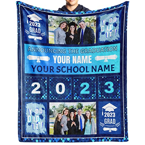 Personalized 2023 Graduation Blanket Gifts with Photos Name, 50"x60" Flannel Fleece Throw Blanket Soft, Lightweight, Comfortable, Warm, Funny Graduation Gifts for Her Him