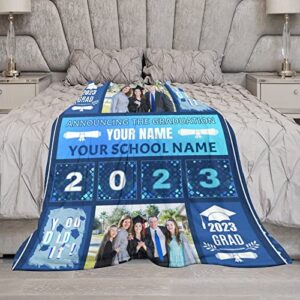 Personalized 2023 Graduation Blanket Gifts with Photos Name, 50"x60" Flannel Fleece Throw Blanket Soft, Lightweight, Comfortable, Warm, Funny Graduation Gifts for Her Him