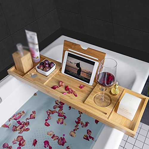 LIUYUNQI Extendable Bathtub Tray Wooden Bath Organizer Rack Bathroom Book Wine Tablet Holder Reading Shelf Bath Tray