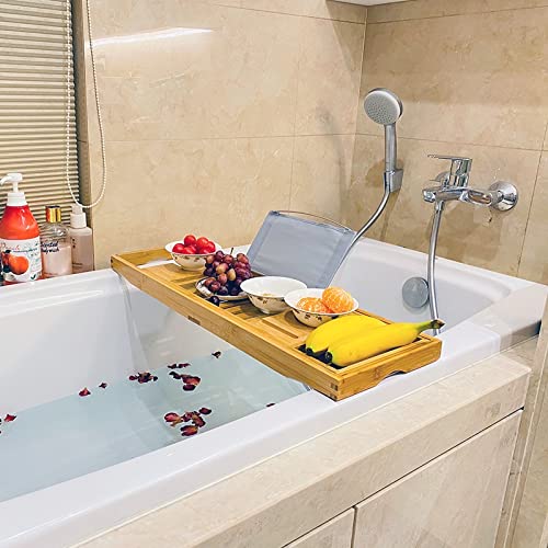 LIUYUNQI Extendable Bathtub Tray Wooden Bath Organizer Rack Bathroom Book Wine Tablet Holder Reading Shelf Bath Tray