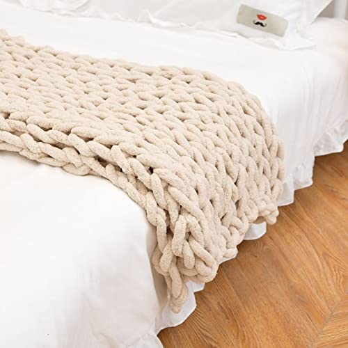 VBGYA Chunky Knit Blanket Throw, Chenille Throw 40"x40" Hand-Knitted Warm Cozy Blanket Thick Throw Blanket, Soft Boho Casual Throw Blanket Sofa Bed Rug Home Decor Gift - Beige