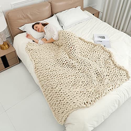 VBGYA Chunky Knit Blanket Throw, Chenille Throw 40"x40" Hand-Knitted Warm Cozy Blanket Thick Throw Blanket, Soft Boho Casual Throw Blanket Sofa Bed Rug Home Decor Gift - Beige