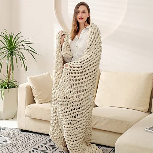 VBGYA Chunky Knit Blanket Throw, Chenille Throw 40"x40" Hand-Knitted Warm Cozy Blanket Thick Throw Blanket, Soft Boho Casual Throw Blanket Sofa Bed Rug Home Decor Gift - Beige