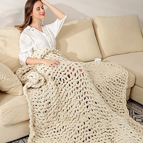 VBGYA Chunky Knit Blanket Throw, Chenille Throw 40"x40" Hand-Knitted Warm Cozy Blanket Thick Throw Blanket, Soft Boho Casual Throw Blanket Sofa Bed Rug Home Decor Gift - Beige