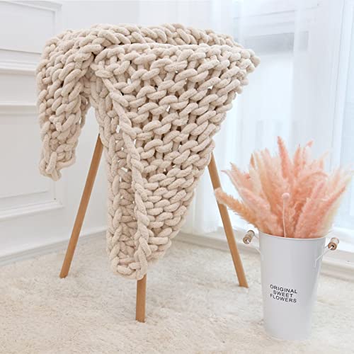 VBGYA Chunky Knit Blanket Throw, Chenille Throw 40"x40" Hand-Knitted Warm Cozy Blanket Thick Throw Blanket, Soft Boho Casual Throw Blanket Sofa Bed Rug Home Decor Gift - Beige