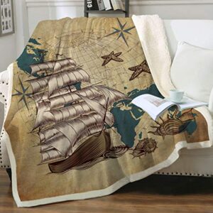 sleepwish nautical blanket sherpa blanket fuzzy soft bed blanket antique map blanket old sailing ship blanket maine fleece blanket,throw (50" x 60")