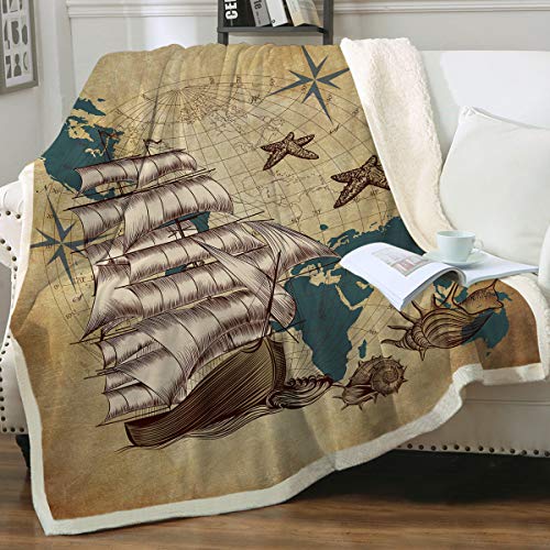 Sleepwish Nautical Blanket Sherpa Blanket Fuzzy Soft Bed Blanket Antique Map Blanket Old Sailing Ship Blanket Maine Fleece Blanket,Throw (50" X 60")