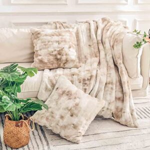 nexhome pro faux fur throw blanket+2x18 x18 pillow cover set, luxury soft warm fuzzy cozy fluffy fleece blankets for women checkboard 50"x60",comfy ruched blanket for sofa couch bed décor beige cream