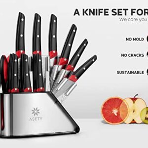 ASETY Kitchen Knife Set with Block- NSF Food-Safe 17 PCS Modern Knives Full Tang German Stainless Steel Chef Knife Set with 4-in-1 Knife Sharpener and 2x Peeler- Ergonomic Handle and Gift Box