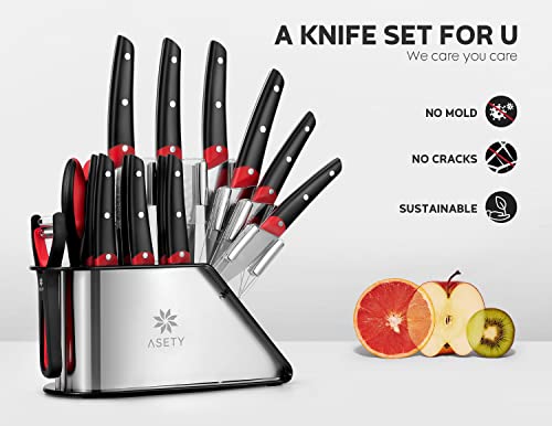 ASETY Kitchen Knife Set with Block- NSF Food-Safe 17 PCS Modern Knives Full Tang German Stainless Steel Chef Knife Set with 4-in-1 Knife Sharpener and 2x Peeler- Ergonomic Handle and Gift Box