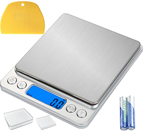 HNZYFUTA Digital Food Gram Scale Mini Pocket Scale for Food Ounces and Grams,Baking,Cooking,Kitchen and Small Items,Tare Function,2Trays,LCD Display (Batteries Included) Silvery