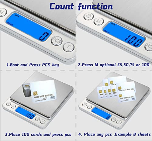 HNZYFUTA Digital Food Gram Scale Mini Pocket Scale for Food Ounces and Grams,Baking,Cooking,Kitchen and Small Items,Tare Function,2Trays,LCD Display (Batteries Included) Silvery