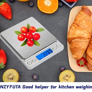 HNZYFUTA Digital Food Gram Scale Mini Pocket Scale for Food Ounces and Grams,Baking,Cooking,Kitchen and Small Items,Tare Function,2Trays,LCD Display (Batteries Included) Silvery