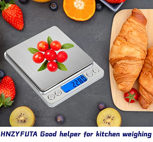 HNZYFUTA Digital Food Gram Scale Mini Pocket Scale for Food Ounces and Grams,Baking,Cooking,Kitchen and Small Items,Tare Function,2Trays,LCD Display (Batteries Included) Silvery