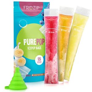 frozip 125 disposable ice popsicle mold bags| bpa free freezer tubes with zip seals | for healthy snacks, yogurt sticks, juice & fruit smoothies, ice candy pops| comes with a funnel (8x2")