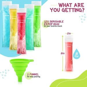 Frozip 125 Disposable Ice Popsicle Mold Bags| BPA Free Freezer Tubes With Zip Seals | For Healthy Snacks, Yogurt Sticks, Juice & Fruit Smoothies, Ice Candy Pops| Comes With A Funnel (8x2")