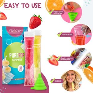 Frozip 125 Disposable Ice Popsicle Mold Bags| BPA Free Freezer Tubes With Zip Seals | For Healthy Snacks, Yogurt Sticks, Juice & Fruit Smoothies, Ice Candy Pops| Comes With A Funnel (8x2")