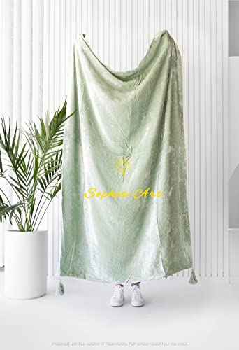 Sophia-Art Luxury Crushed Velvet Throw Blanket with Tassels Sofa Bed Soft Blankets Boho Warm Throws Cozy Plush Lightweight Pet (50x60 inches, Sage Green)