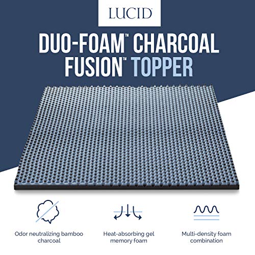 LUCID 2.5 Inch Duo-Foam Charcoal Fusion - Dual Density Bamboo Charcoal - Gel Memory Foam - Hypoallergenic Temperature-Regulating Optimum Comfort - King