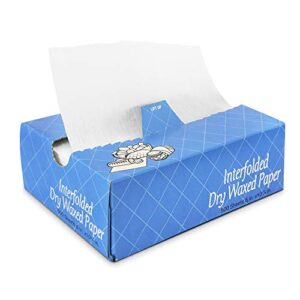 [500 pack] interfolded food and deli dry wrap wax paper sheets with dispenser box, bakery pick up tissues, 6 x 10.75 inch