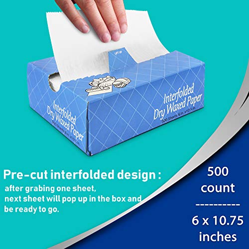 [500 Pack] Interfolded Food and Deli Dry Wrap Wax Paper Sheets with Dispenser Box, Bakery Pick Up Tissues, 6 x 10.75 Inch