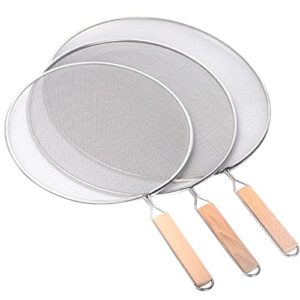 3 pieces grease splatter screen for frying pan, splatter guard mesh stainless steel grease guard shield for kitchen frying pan cooking supplies set of 9.8", 11.5" and 13" inch (wood handle)