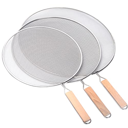 3 Pieces Grease Splatter Screen for Frying Pan, Splatter Guard Mesh Stainless Steel Grease Guard Shield for Kitchen Frying Pan Cooking Supplies Set of 9.8", 11.5" and 13" inch (Wood Handle)