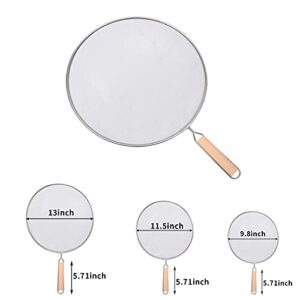 3 Pieces Grease Splatter Screen for Frying Pan, Splatter Guard Mesh Stainless Steel Grease Guard Shield for Kitchen Frying Pan Cooking Supplies Set of 9.8", 11.5" and 13" inch (Wood Handle)