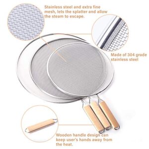 3 Pieces Grease Splatter Screen for Frying Pan, Splatter Guard Mesh Stainless Steel Grease Guard Shield for Kitchen Frying Pan Cooking Supplies Set of 9.8", 11.5" and 13" inch (Wood Handle)