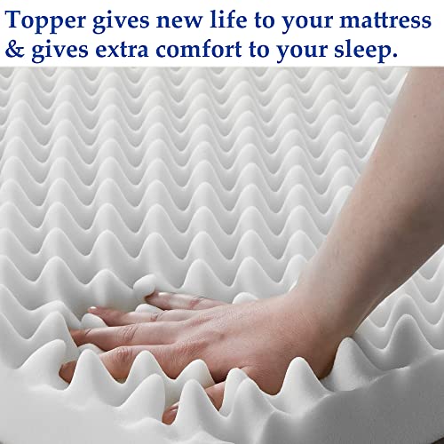 Treaton 1-inch Soft Foam Toppers with Convoluted Egg Shell Design | Extends Mattress Topper Life, Provides Proper Back Support and Relieves Pain, Improves Better Posture, Twin, White
