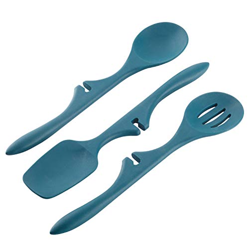 Rachael Ray Kitchen Tools and Gadgets Nonstick Utensils/Lazy Spoonula, Solid and Slotted Spoon, 3 Piece, Marine Blue