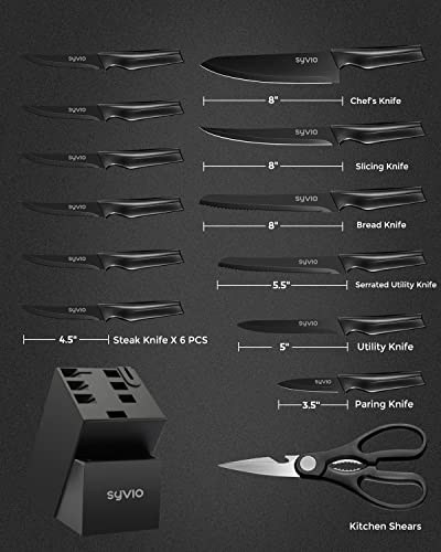 syvio Knife Sets for Kitchen with Block, Kitchen Knife Sets 14 Piece with Built-in Sharpener, Kitchen Knives for Chopping, Slicing, Dicing&Cutting