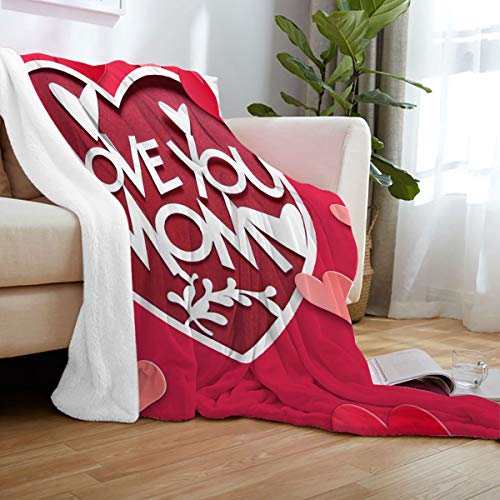 Mother's Day Ultra Soft Flannel Fleece Bed Blanket I Love You Mom Red Heart Pattern Throw Blanket All Season Warm Fuzzy Light Weight Cozy Plush Blankets for Living Room/Bedroom 40 x 50 inches