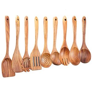 wooden kitchen utensils set,gudamaye 9 pce wooden spoons for cooking,wooden cooking utensils,natural teak wooden spoons for non-stick pan