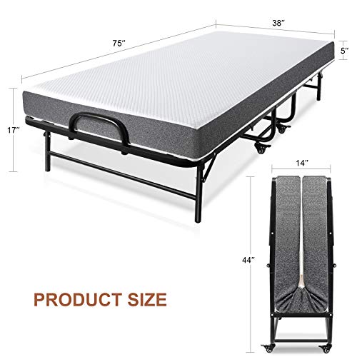 Rollaway Beds with Mattress for Adults Folding Bed Portable Foldable Guest Beds Twin, 5 Minutes to Assemble, 5 inch Memory Foam Mattress, 75x38 Inch