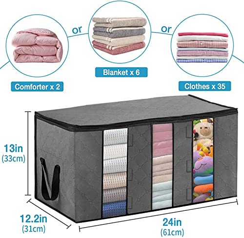 Large Capacity Storage Bags, 4 Pack Clothes Storage Bins, Foldable Closet Organizers with Handle, Thick Fabric and Sturdy Zipper for Comforters, Blankets, Bedding (Light Grey)