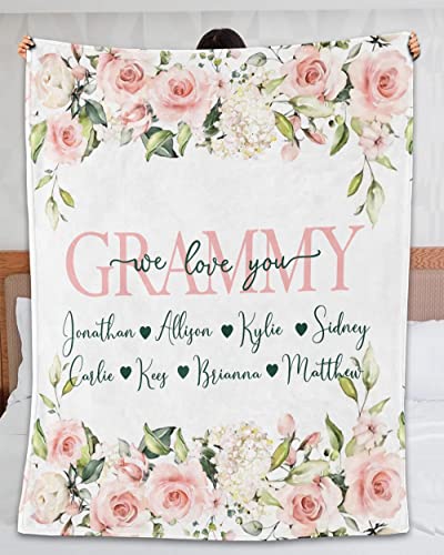 AZGifts Personalized Grammy Pink Rose Blanket Gifts for Grandma from Grandkids Grammy We Love You Blanket Customized Nickname Grandmother with Grandkids Name Blanket for Birthday Mothers Day