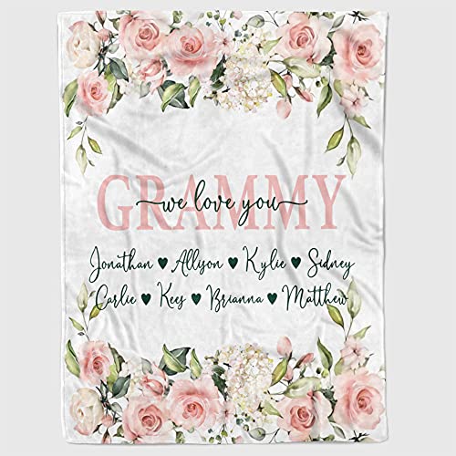 AZGifts Personalized Grammy Pink Rose Blanket Gifts for Grandma from Grandkids Grammy We Love You Blanket Customized Nickname Grandmother with Grandkids Name Blanket for Birthday Mothers Day