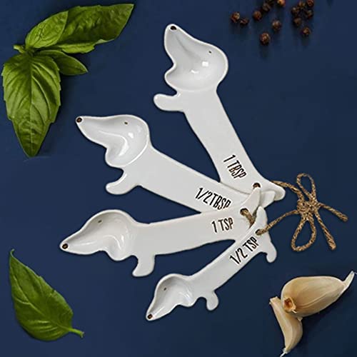 White Ceramic Dog Themed Kitchen Utensils: Measuring Cups and Spoons, Spoon Rest for Countertop - Cute Kitchen Accessories (Dog Measuring Spoons)