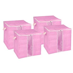 uxcell clothes storage organizer bag with reinforced handle 4pcs, comforters storage bag for clothes, bedding, blankets, foldable with sturdy zipper-pink