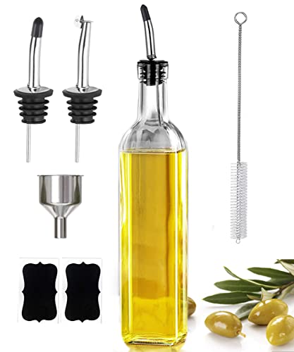 Leaflai 17oz Olive Oil Dispenser Bottle, 500ml Oil & Vinegar Cruet with 2 Stainless Steel Pourers, 2 Labels,1 Brush and 1 Funnel for Kitchen