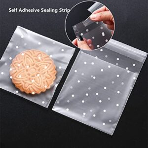 Cookie Bags Self Adhesive Cellophane Treat Bags - 100 pcs 3.94" x 3.94" Plastic White Polka Dot Pastry Bags for Dessert Candy Chocolate Bakery Cookie Packaging Party Gift