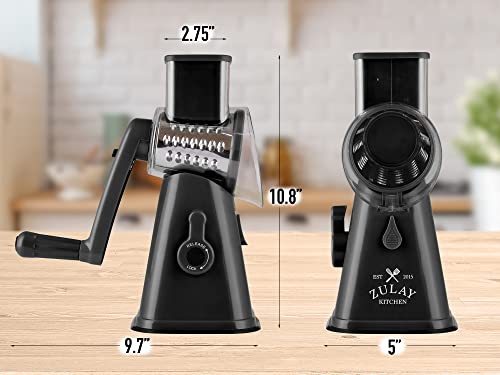 Zulay Kitchen Rotary Cheese Grater with Upgraded Suction - Round Cheese Shredder Grater with 3 Replaceable Stainless Steel Drum Blades - Easy To Use & Clean - Vegetable Slicer & Nut Grinder (Black)