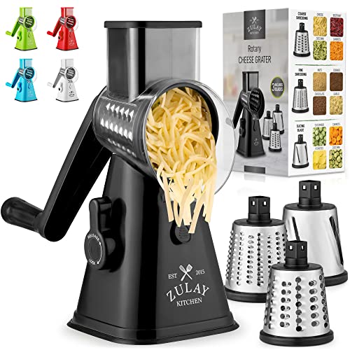 Zulay Kitchen Rotary Cheese Grater with Upgraded Suction - Round Cheese Shredder Grater with 3 Replaceable Stainless Steel Drum Blades - Easy To Use & Clean - Vegetable Slicer & Nut Grinder (Black)