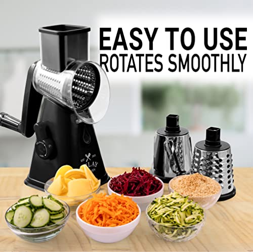 Zulay Kitchen Rotary Cheese Grater with Upgraded Suction - Round Cheese Shredder Grater with 3 Replaceable Stainless Steel Drum Blades - Easy To Use & Clean - Vegetable Slicer & Nut Grinder (Black)