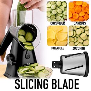 Zulay Kitchen Rotary Cheese Grater with Upgraded Suction - Round Cheese Shredder Grater with 3 Replaceable Stainless Steel Drum Blades - Easy To Use & Clean - Vegetable Slicer & Nut Grinder (Black)