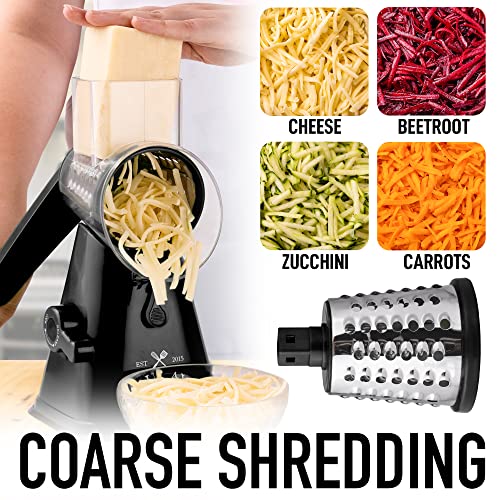 Zulay Kitchen Rotary Cheese Grater with Upgraded Suction - Round Cheese Shredder Grater with 3 Replaceable Stainless Steel Drum Blades - Easy To Use & Clean - Vegetable Slicer & Nut Grinder (Black)