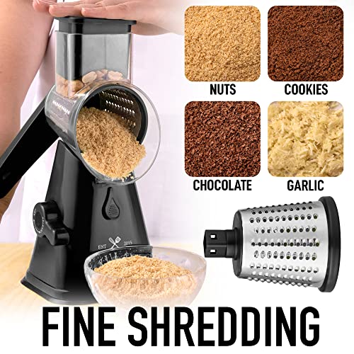 Zulay Kitchen Rotary Cheese Grater with Upgraded Suction - Round Cheese Shredder Grater with 3 Replaceable Stainless Steel Drum Blades - Easy To Use & Clean - Vegetable Slicer & Nut Grinder (Black)